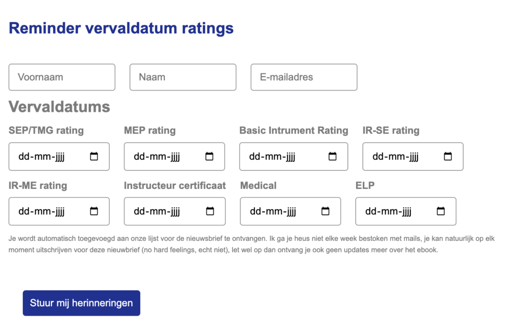 Het Rating Reminders formulier waar piloten hun vervaldata kunnen ingeven.